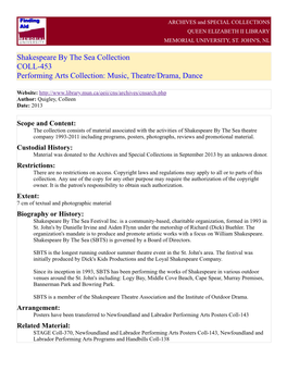 Shakespeare by the Sea Collection COLL-453 Performing Arts Collection: Music, Theatre/Drama, Dance