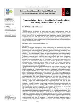 Ethnomedicinal Climbers Found in Jharkhand and Their Uses Among the Local Tribes