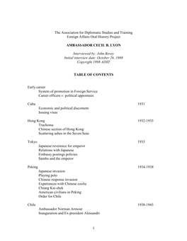 1 the Association for Diplomatic Studies and Training Foreign Affairs Oral History Project AMBASSADOR CECIL B. LYON Interviewed