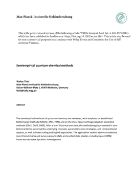 Semiempirical Quantum-Chemical Methods Max-Planck-Institut Für