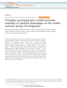 Ciliopathy-Associated Gene Cc2d2a Promotes Assembly of Subdistal Appendages on the Mother Centriole During Cilia Biogenesis