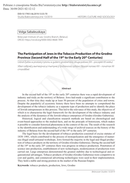 Volga Sabaleuskaya the Participation of Jews in The