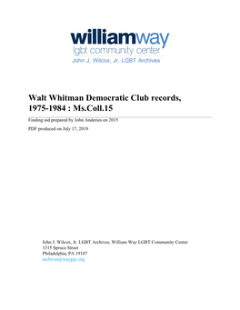 Walt Whitman Democratic Club Records, 1975-1984 : Ms.Coll.15