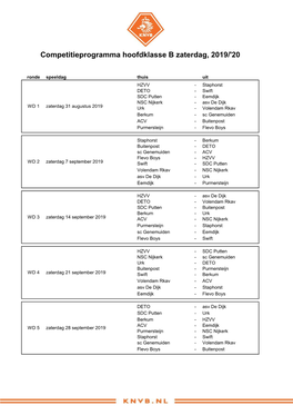 Competitieprogramma Hoofdklasse B Zaterdag, 2019/'20