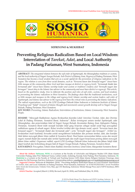 Preventing Religious Radicalism Based on Local Wisdom: Interrelation of Tarekat, Adat, and Local Authority in Padang Pariaman, West Sumatera, Indonesia