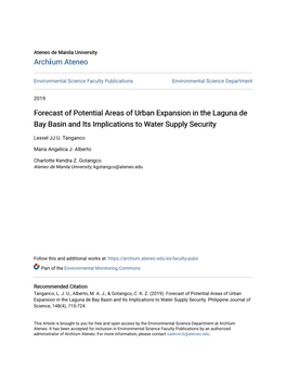 Forecast of Potential Areas of Urban Expansion in the Laguna De Bay Basin and Its Implications to Water Supply Security