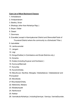 Caste List of MBC and DC of Tamilnadu State