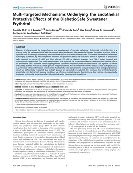 Multi-Targeted Mechanisms Underlying the Endothelial Protective Effects of the Diabetic-Safe Sweetener Erythritol