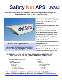 Advanced Oxidation Process for Small Compactor/Dumpster/Waste Storage Area Lift Station Bacteria, Virus & Odor Abatement System