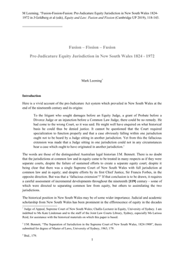 Fusion – Fission – Fusion Pre-Judicature Equity Jurisdiction In