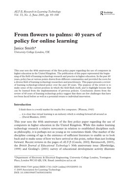 From Flowers to Palms: 40 Years of Policy for Online Learning Janice Smith* University College London, UK