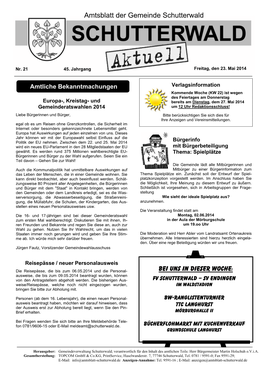 Amtsblatt Der Gemeinde Schutterwald Bei Uns in Dieser Woche