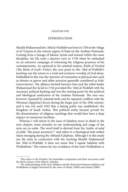 INTRODUCTION Shaykh Muḥammad Ibn ʿabd Al-Wahhāb Was Born in 1703 in the Village of Al-ʿuyayna in the Remote Region of Najd