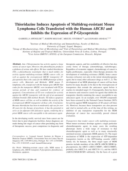 Thioridazine Induces Apoptosis of Multidrug-Resistant Mouse Lymphoma Cells Transfected with the Human ABCB1 and Inhibits the Expression of P-Glycoprotein