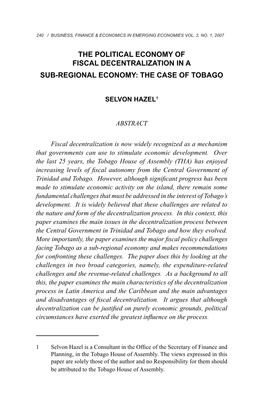 The Political Economy of Fiscal Decentralization in a Sub-Regional Economy: the Case of Tobago