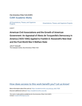 American Civil Associations and the Growth of American Government: an Appraisal of Alexis De Tocqueville’S Democracy in America (1835-1840) Applied to Franklin D