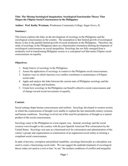 Sociological Functionalist Theory That Shapes the Filipino Social Consciousness in the Philippines