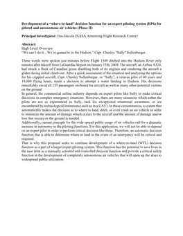 “Where-To-Land” Decision Function for an Expert Piloting System (EPS) for Piloted and Autonomous Air Vehicles (Phase II)