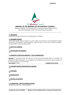 MINUTES of the MEETING of the BAROSSA COUNCIL Held on Tuesday 15 October 2019 Commencing at 9.00Am in the Council Chambers, 43-51 Tanunda Road, Nuriootpa