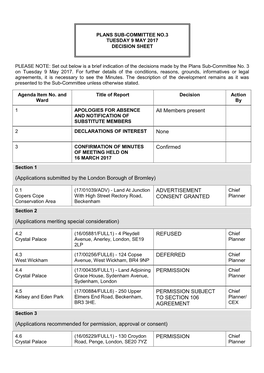 Plans Sub-Committee No.3 Tuesday 9 May 2017 Decision Sheet