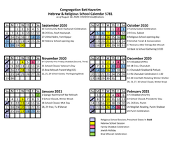 Congregation Bet Haverim Hebrew & Religious School Calendar 5781