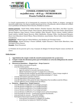 CONSEIL COMMUNAUTAIRE 09 Juillet 2019 – 18 H 45