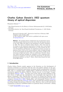 Charles Galton Darwin's 1922 Quantum Theory of Optical Dispersion