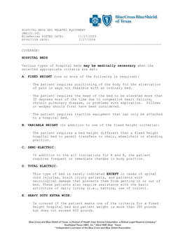 HOSPITAL BEDS and RELATED EQUIPMENT DME101.001 Bluereview POSTED DATE: 11/17/2003 EFFECTIVE DATE: 2/27/2004 ______