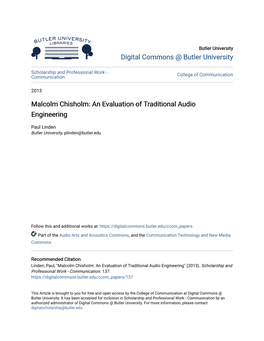 Malcolm Chisholm: an Evaluation of Traditional Audio Engineering