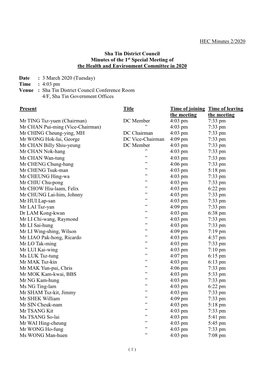 HEC Minutes 2/2020 Sha Tin District Council Minutes of the 1St Special