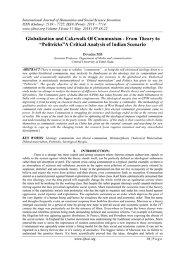 Globalization and Cakewalk of Communism - from Theory to “Politricks”A Critical Analysis of Indian Scenario