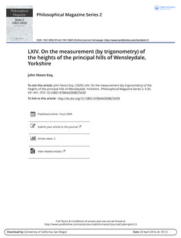 LXIV. on the Measurement (By Trigonometry) of the Heights of the Principal Hills of Wensleydale, Yorkshire