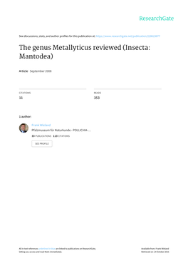 The Genus Metallyticus Reviewed (Insecta: Mantodea)