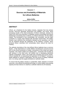 Session 1 Sources and Availability of Materials for Lithium Batteries