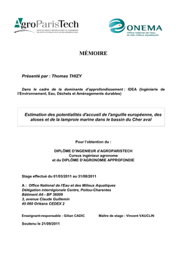 Estimation Des Potentialités D'accueil De L'anguille Européenne, Des Aloses Et De La Lamproie Marine Dans Le Bassin Du Cher Aval