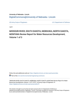 MISSOURI RIVER, SOUTH DAKOTA, NEBRASKA, NORTH DAKOTA, MONTANA Review Report for Water Resources Development, Volume 1 of 3