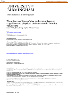 The Effects of Time of Day and Chronotype on Cognitive and Physical Performance in Healthy Volunteers Facer-Childs, Elise; Boiling, Sophie; Balanos, George