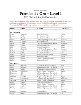 Premios De Oro – Level 1 2009 National Spanish Examination
