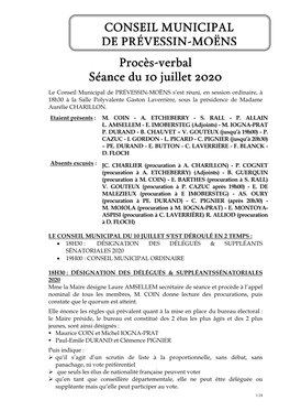 Procès-Verbal Séance Du 10 Juillet 2020