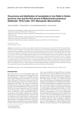 Occurrence and Distribution of Nematodes in Rice Fields in Guilan