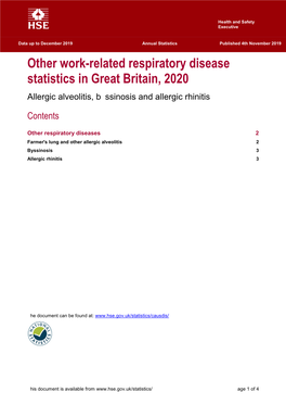 Other Work-Related Respiratory Disease Statistics in Great Britain, 2020 Allergic Alveolitis, Byssinosis and Allergic Rhinitis