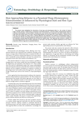 Host Approaching Behavior in a Parasitoid Wasp (Hymenoptera: Ichneumonidae) As Influenced by Physiological State and Host Type Kanako Ueno and Takatoshi Ueno*