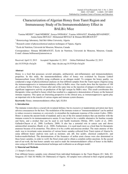 Characterization of Algerian Honey from Tiaret Region and Immunoassay Study of Its Immunomodulatory Effect in BALB/C Mice