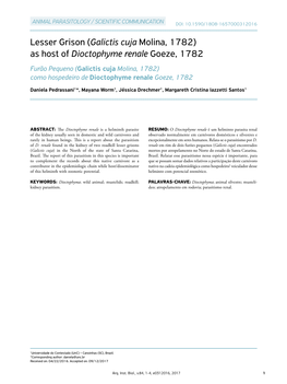 Galictis Cuja Molina, 1782) As Host of Dioctophyme Renale Goeze, 1782 Furão Pequeno (Galictis Cuja Molina, 1782) Como Hospedeiro De Dioctophyme Renale Goeze, 1782