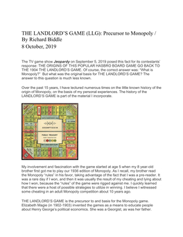 THE LANDLORD's GAME (LLG): Precursor to Monopoly / by Richard Biddle 8 October, 2019