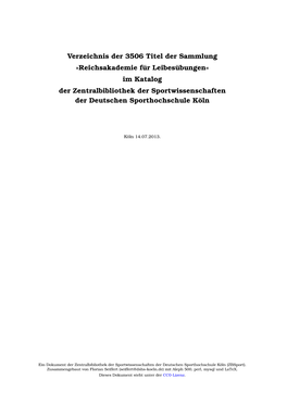 Reichsakademie Für Leibesübungen« Im Katalog Der Zentralbibliothek Der Sportwissenschaften Der Deutschen Sporthochschule Köln