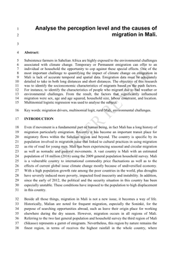 Analyse the Perception Level and the Causes of Migration in Mali