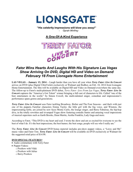 Fator Wins Hearts and Laughs with His Signature Las Vegas Show Arriving on DVD, Digital HD and Video on Demand February 18 from Lionsgate Home Entertainment