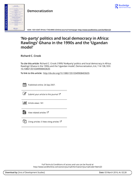 'No‐Party' Politics and Local Democracy in Africa: Rawlings' Ghana in the 1990S and the 'Ugandan Model'