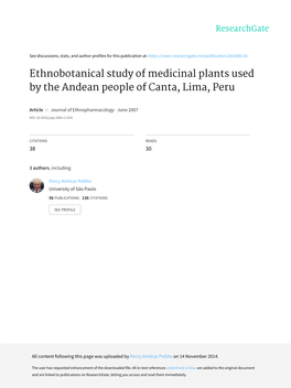Ethnobotanical Study of Medicinal Plants Used by the Andean People of Canta, Lima, Peru